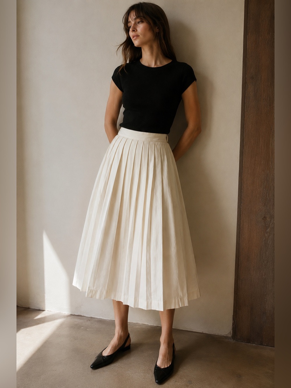 Vintage PORTS International Ivory Cotton Pleated Midi Skirt, Size 12